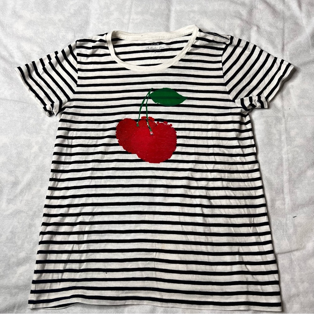 J. Crew Black & White Stripe Tee with Red Sequin Cherry - Picture 2 of 5